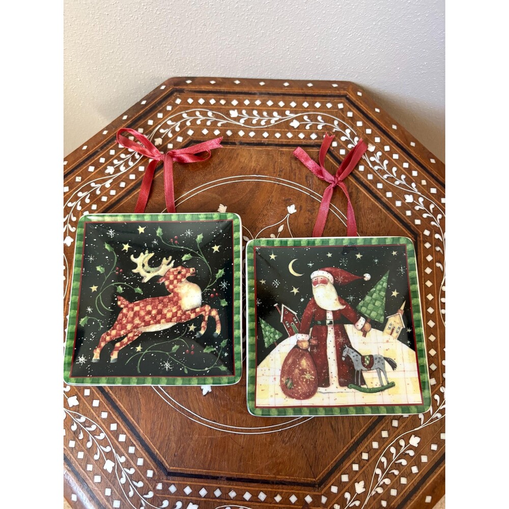 Vintage Pair Of MWW Market Mini Square Plate Ornaments Santa Reindeer Susan Wing